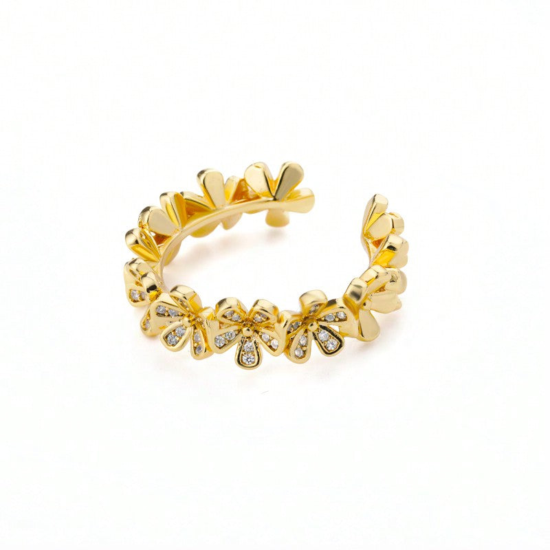Gold-Plated Cubic Zirconia Flower Ring – Adjustable Luxury Jewelry for Women