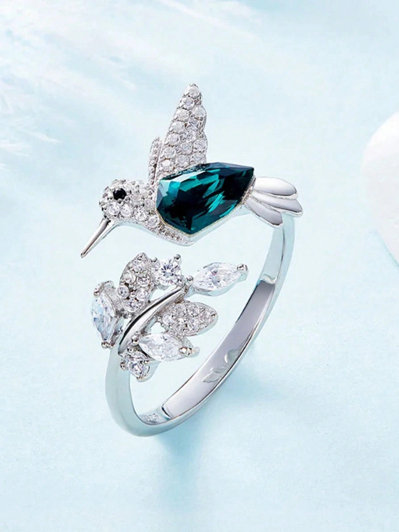 Elegant Blue Stone Hummingbird Ring β Adjustable Glass-Filled