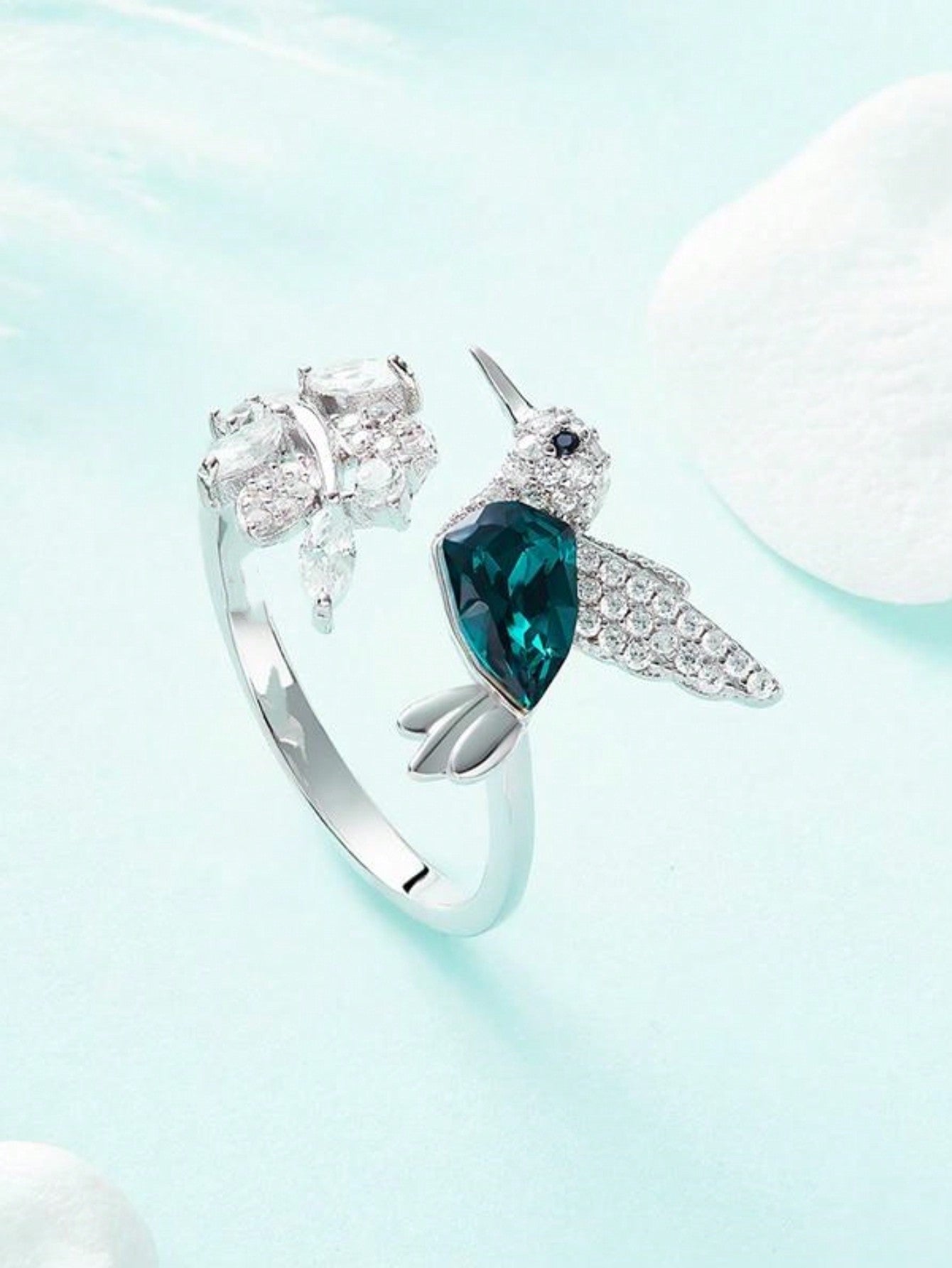 Elegant Blue Stone Hummingbird Ring β Adjustable Glass-Filled