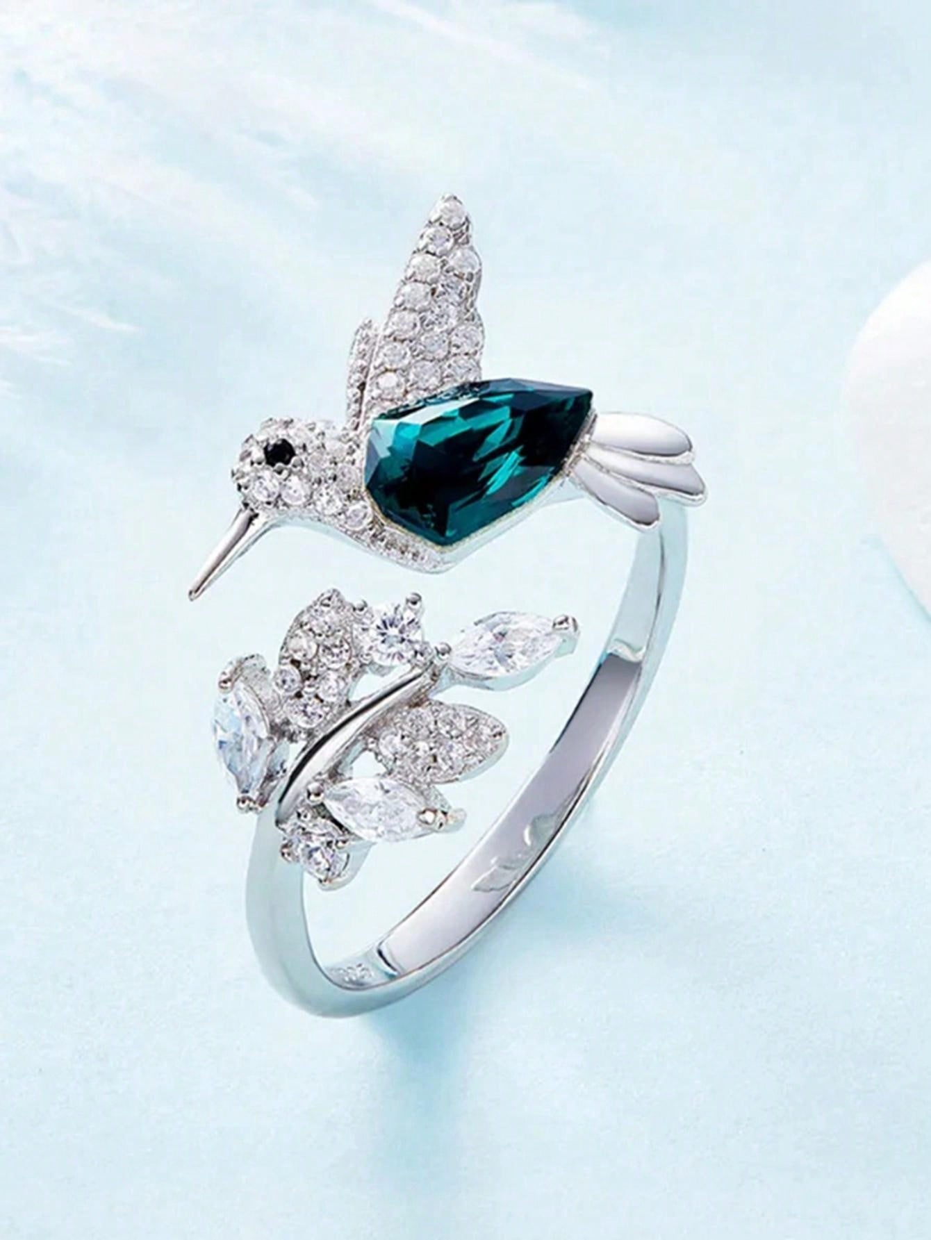 Elegant Blue Stone Hummingbird Ring β Adjustable Glass-Filled