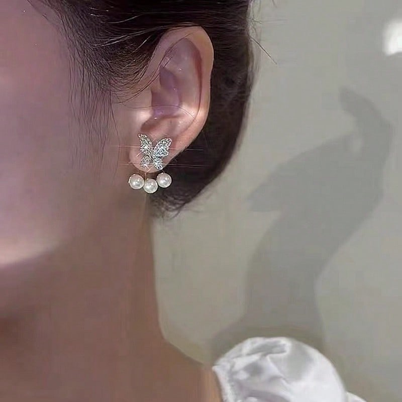 Unique Butterfly & Pearl Stud Earrings – Elegant Daily Wear for Women