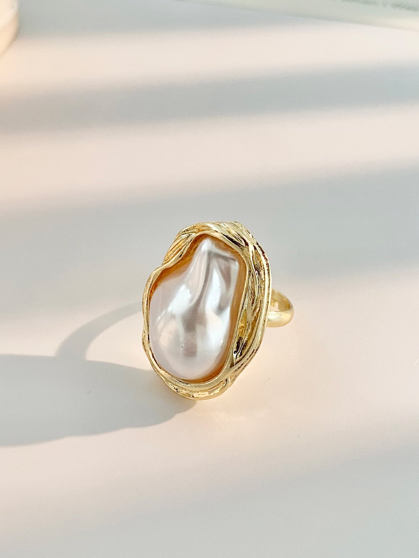 Asymmetrical Geometric Pearl Ring – Adjustable Open Design for Daily Wear