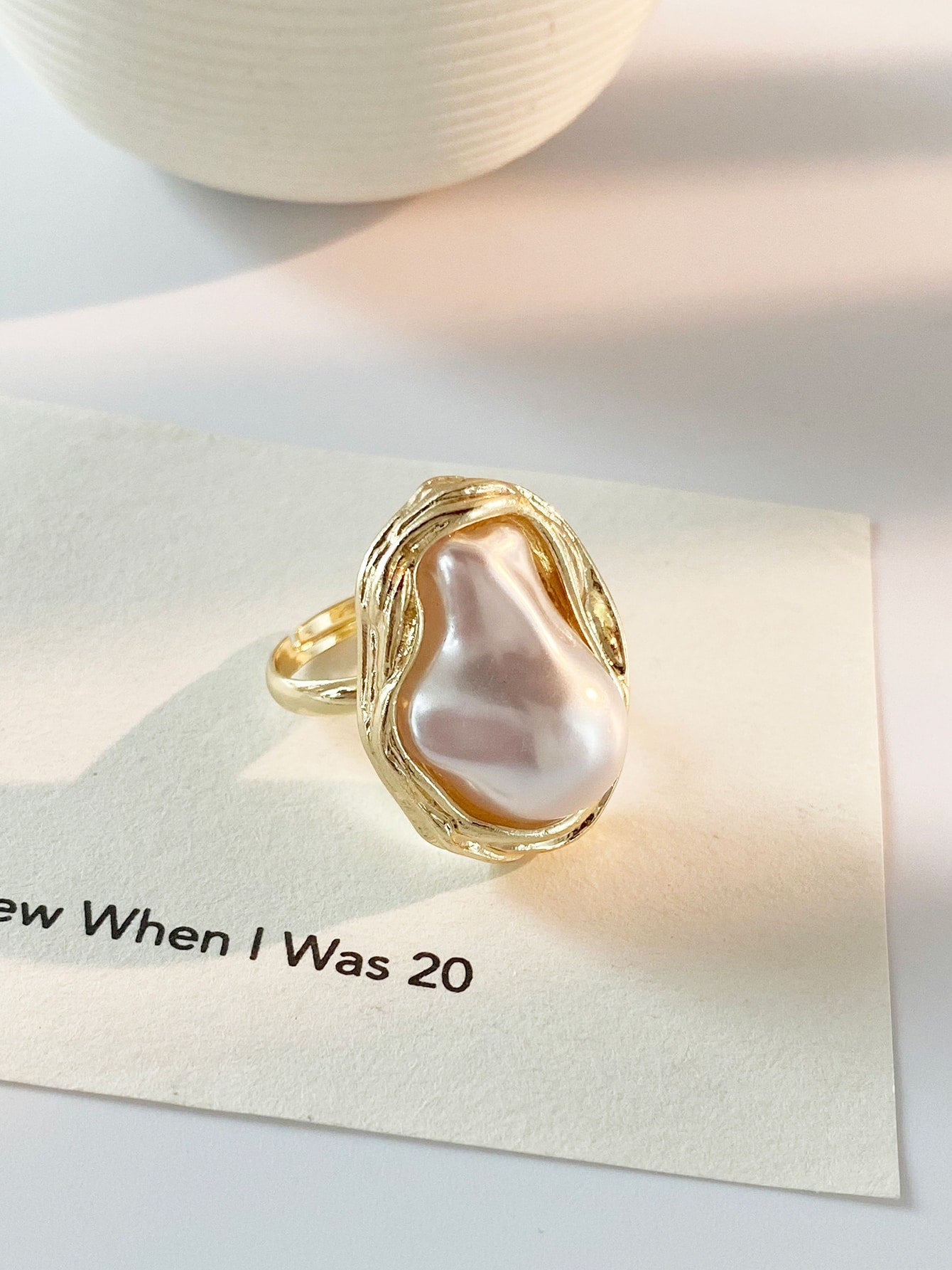 Asymmetrical Geometric Pearl Ring – Adjustable Open Design for Daily Wear