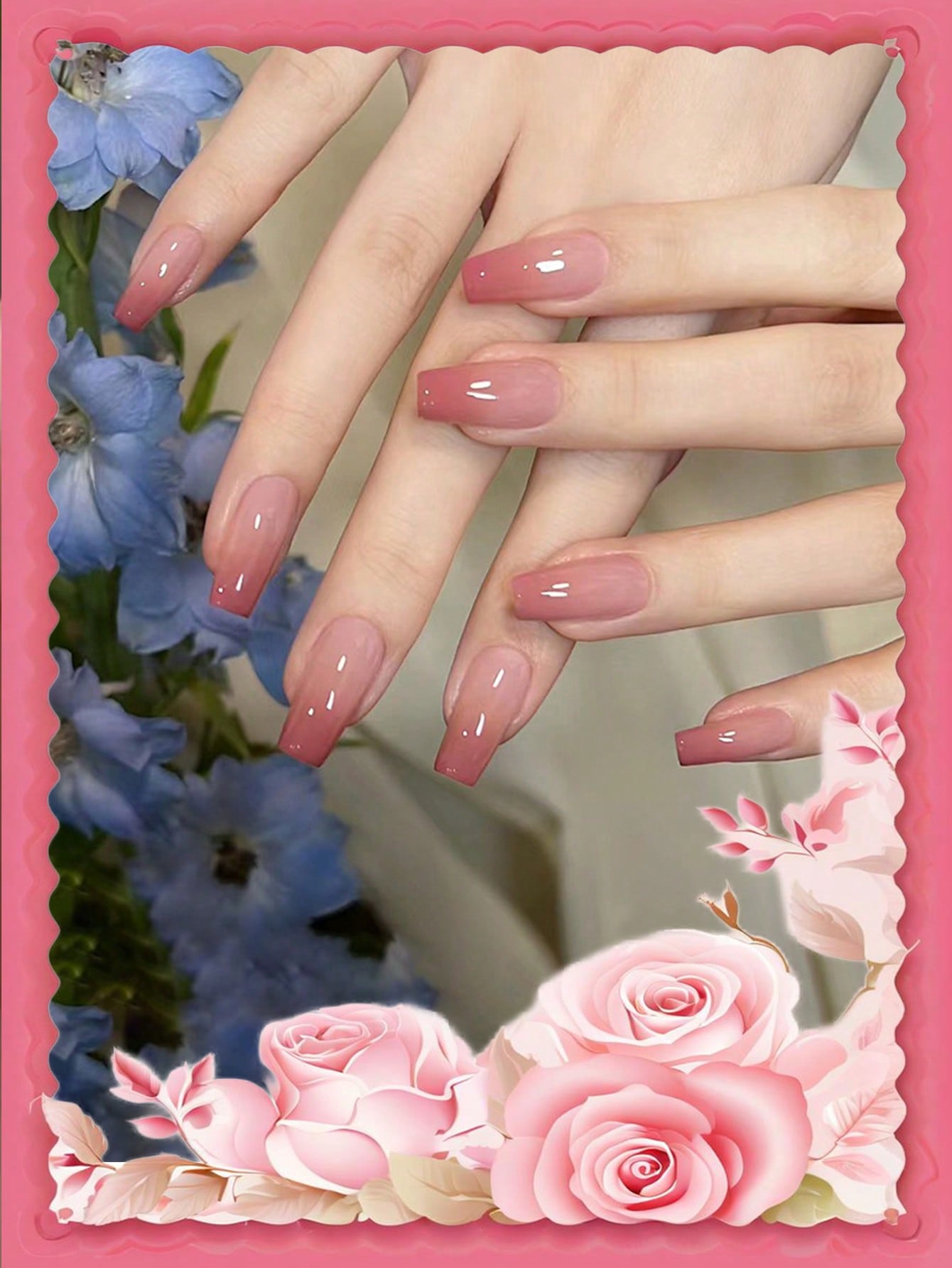 24-Piece Coffin Shaped False Nails with Peach Ombre Gradient – Includes Jelly Gel & Nail File