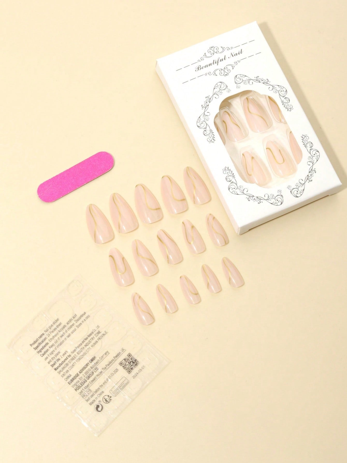 24-Piece Almond Shaped Press-On Nails with Gold Line Design – Includes Nail File & Jelly Gel