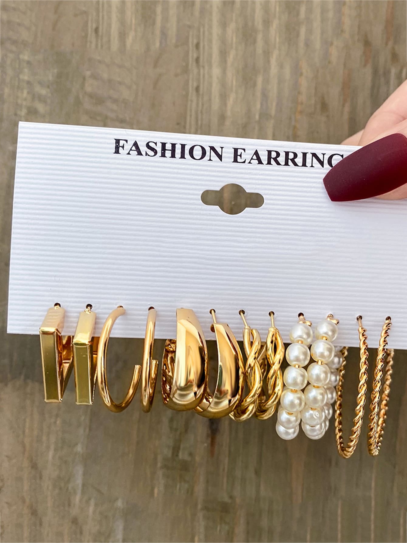 6-Pair Geometric Faux Pearl Decor Hoop Earrings Set