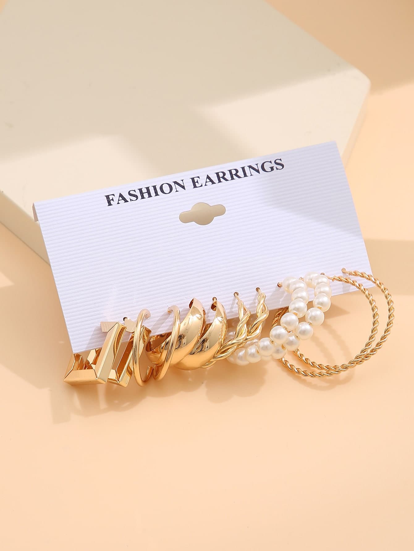 6-Pair Geometric Faux Pearl Decor Hoop Earrings Set