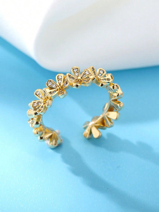 Gold-Plated Cubic Zirconia Flower Ring – Adjustable Luxury Jewelry for Women