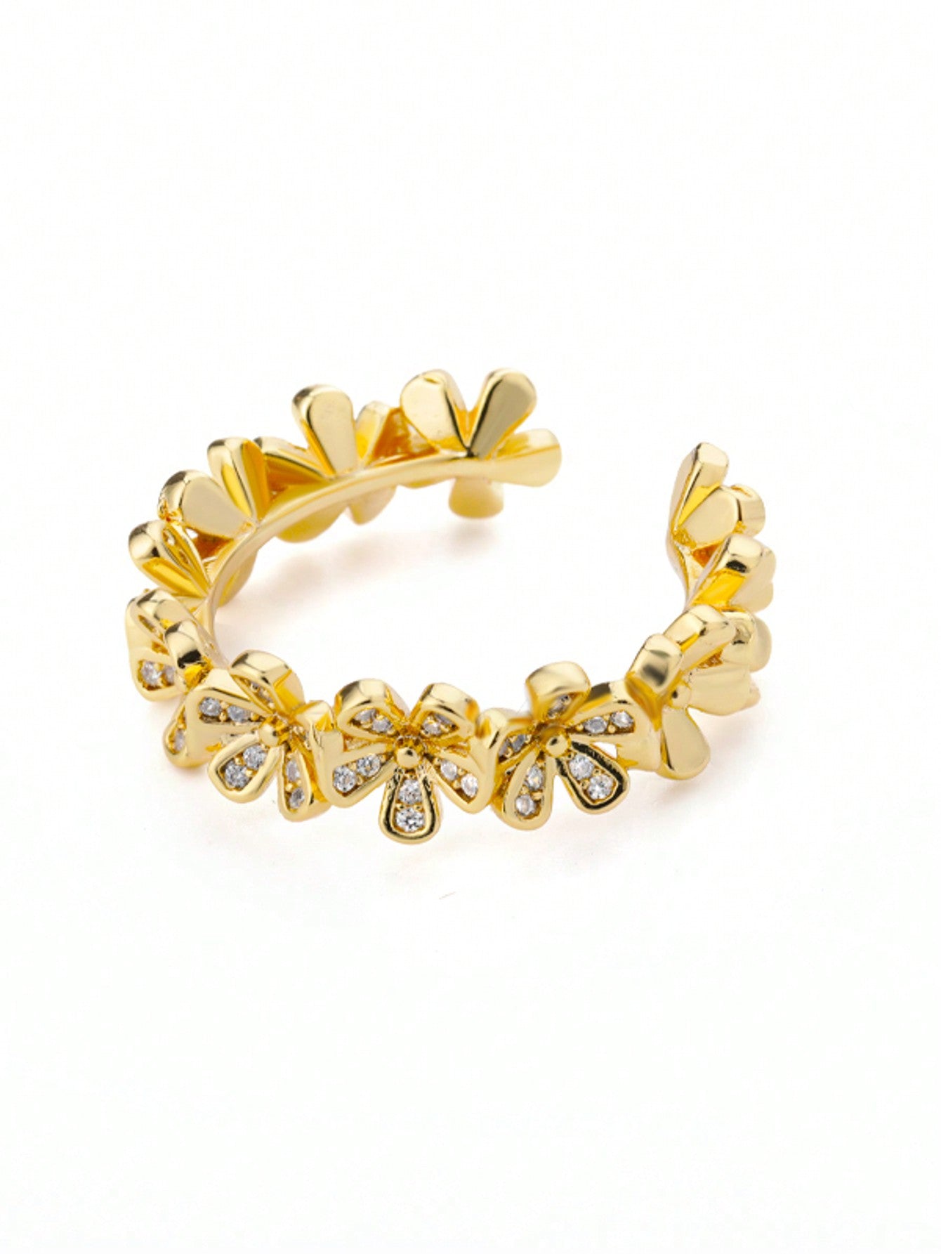 Gold-Plated Cubic Zirconia Flower Ring – Adjustable Luxury Jewelry for Women