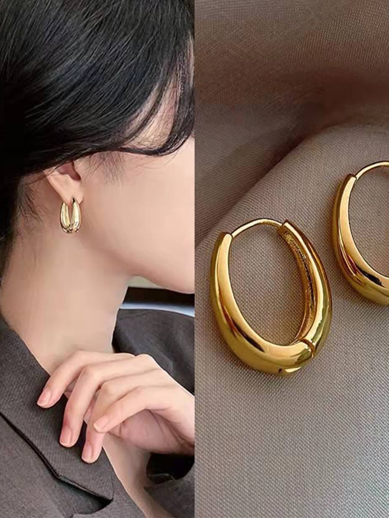 Glossy Metallic Geometric Oval Hoop Earrings for Women – Trendy & Modern