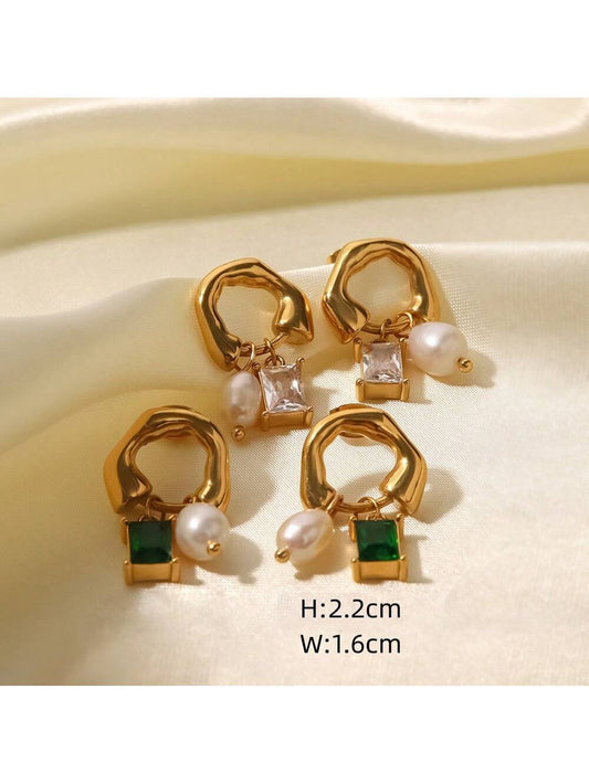 Stainless Steel Pearl & Cubic Zirconia Earrings – Elegant Jewelry