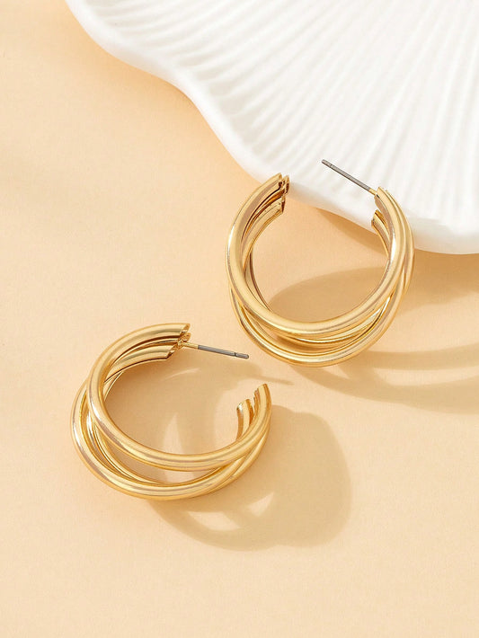 Triple Ring C-Shaped Geometric Earrings – Bold Multi-Layered Metal Statement for Women