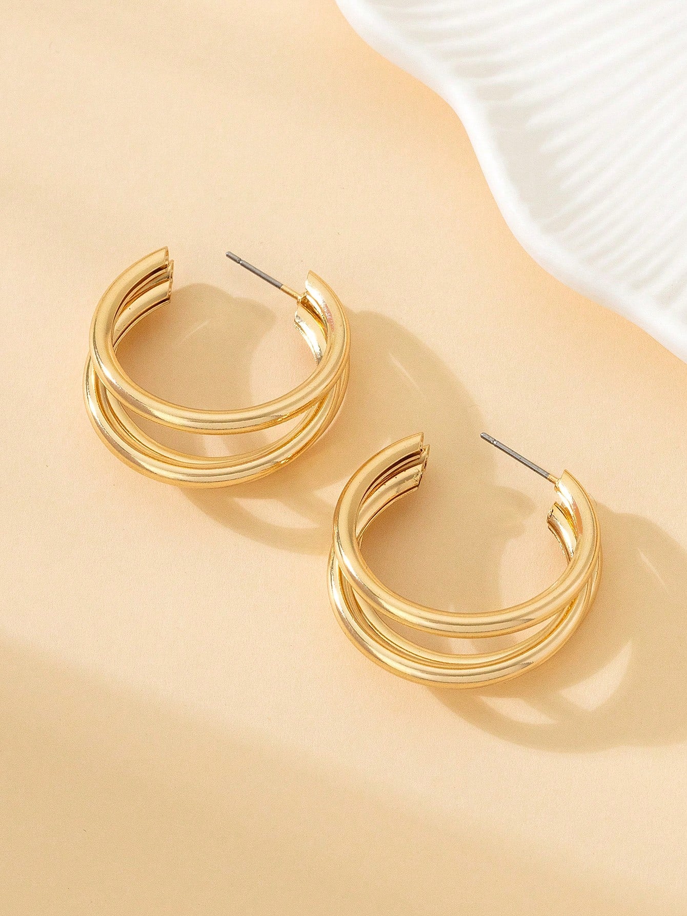 Triple Ring C-Shaped Geometric Earrings – Bold Multi-Layered Metal Statement for Women