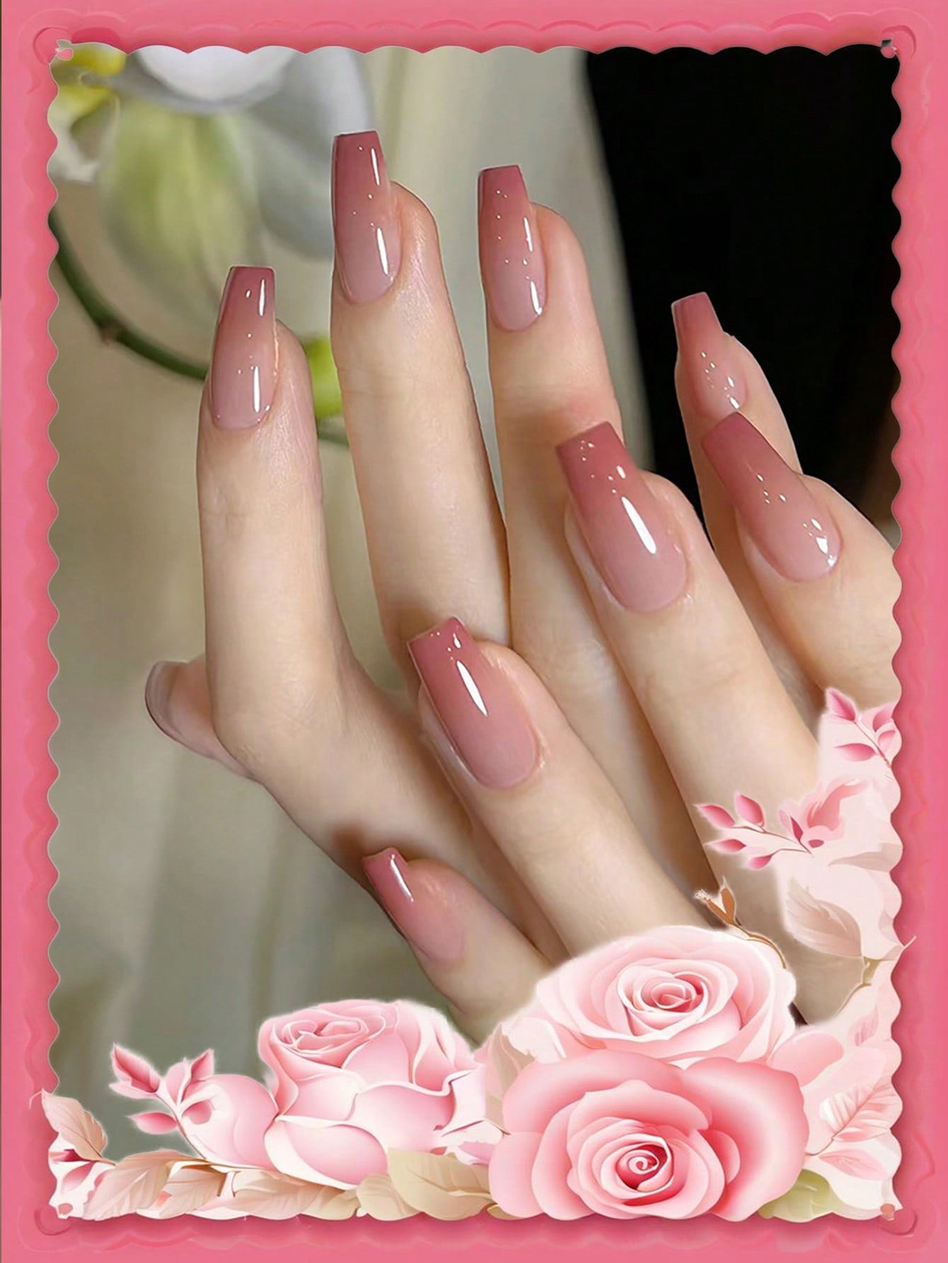 24-Piece Coffin Shaped False Nails with Peach Ombre Gradient – Includes Jelly Gel & Nail File