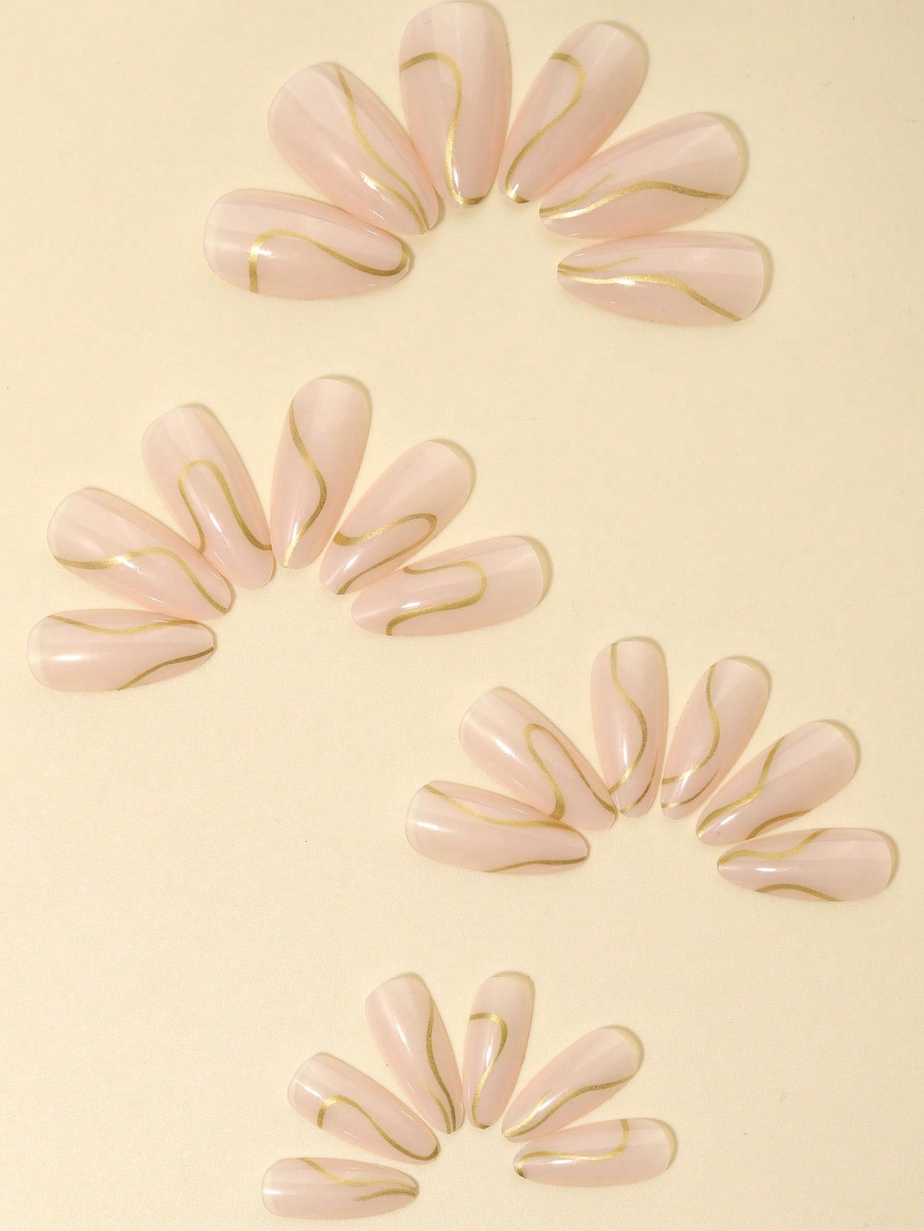 24-Piece Almond Shaped Press-On Nails with Gold Line Design – Includes Nail File & Jelly Gel