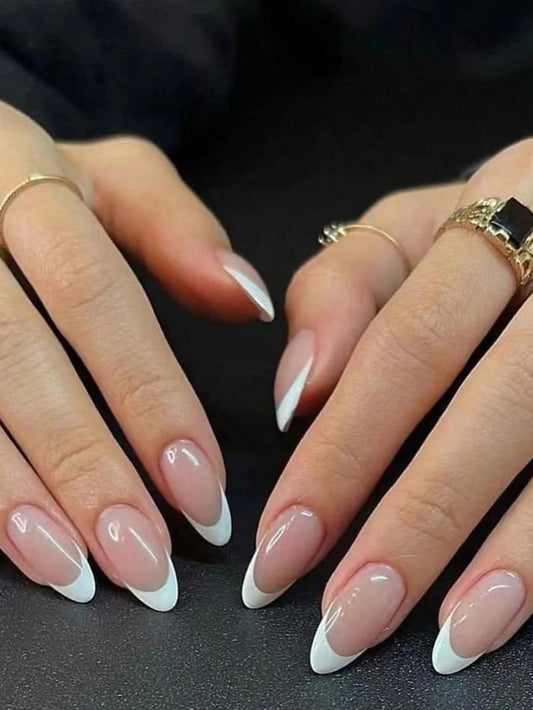 24-Piece White French Edge Almond Nails Set – Minimalist Classic Design with Jelly Glue & Nail File