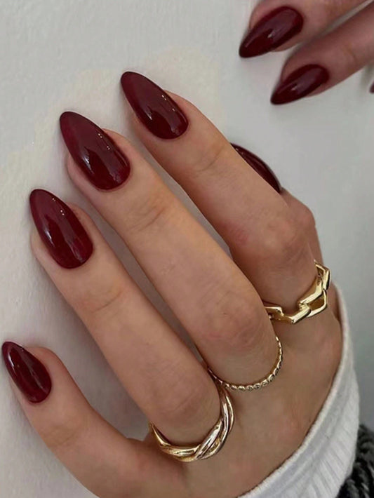 30-Piece Set Retro Almond-Shaped Red Press-On Nails