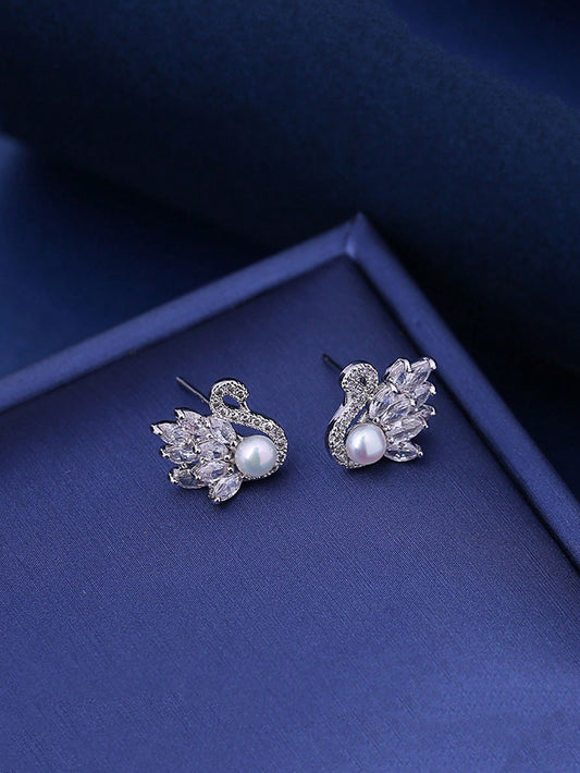 Swan Design Earrings for Women – Cultured Faux Pearl & Cubic Zirconia Decor with S925 Silver Pin